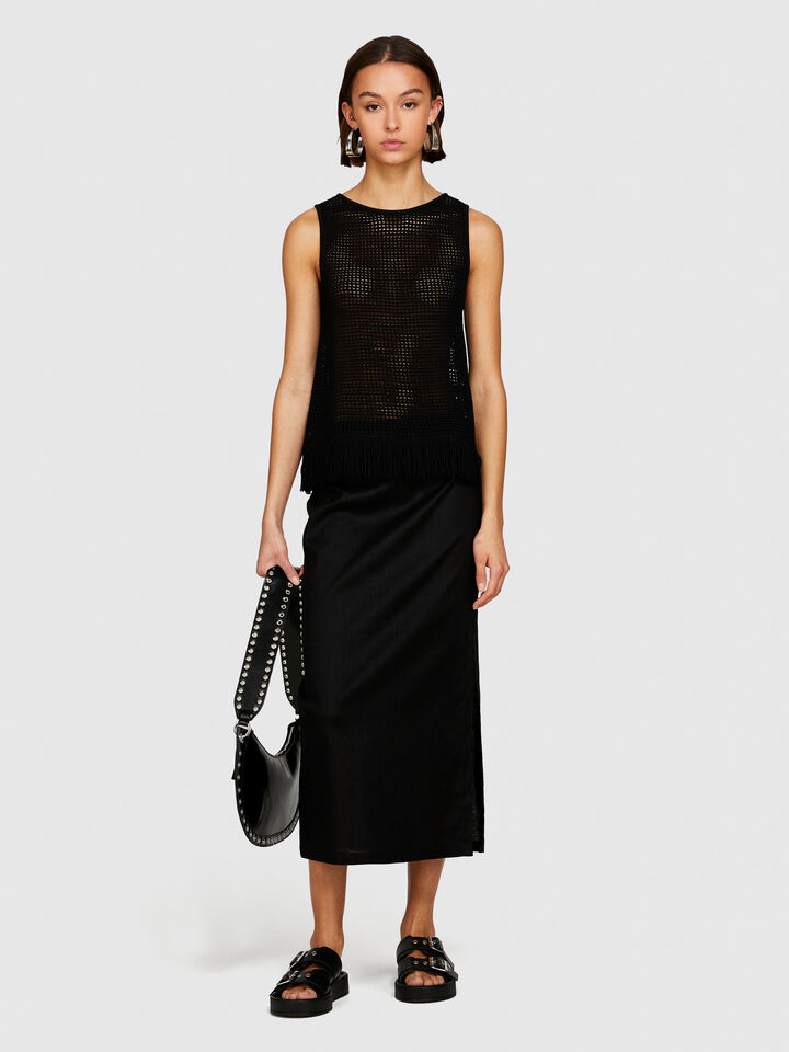 Perforated tank top with fringe - women's tops - Black | Sisley image number 1